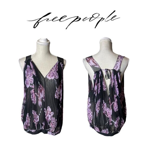 Free People Sheer Floral Print Chiffon Pleated Blouson Tank Top - Picture 1 of 17